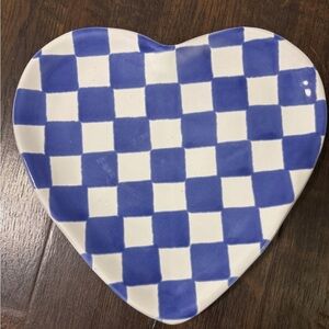 Ceramic Heart Plate with Blue and White Checkered Design
